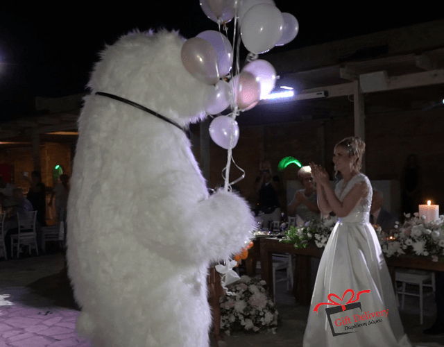The White Polar Bear came to the wedding to deliver the gift to the bride and groom. Gift Delivery. Wedding gift. Surprise from the Political bear. White Polar Bear at the wedding.